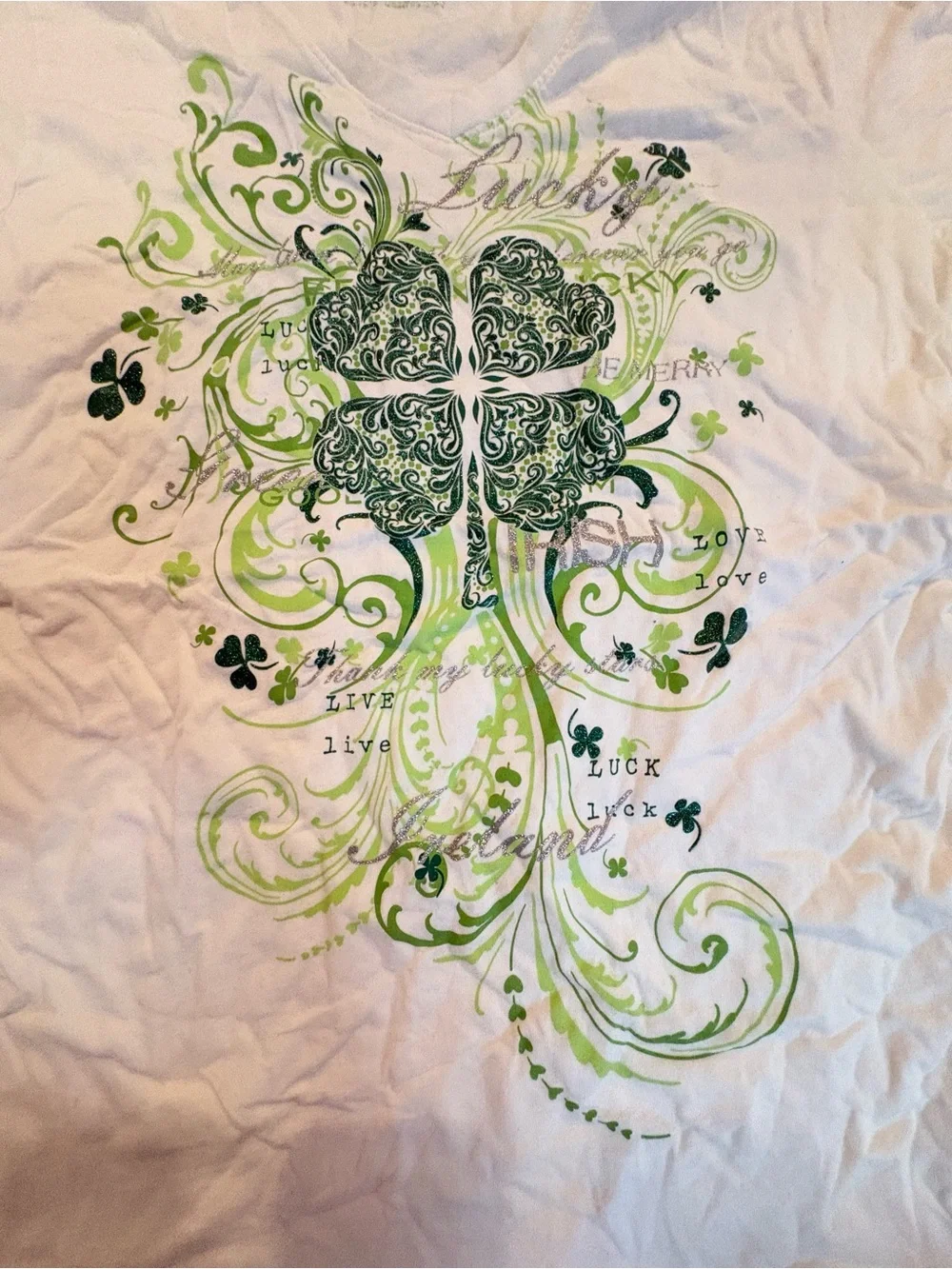 Women's White Short-Sleeve Tee with Green Clover Graphic